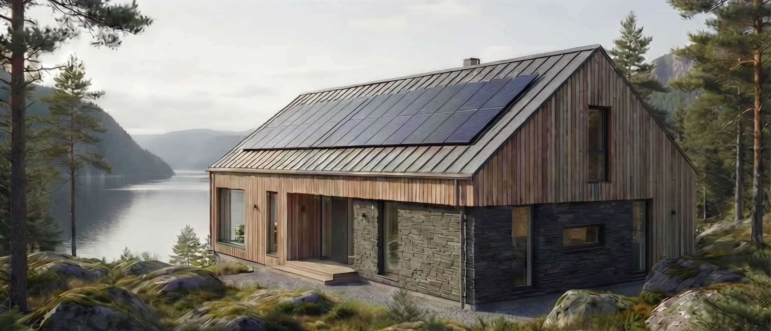 Cabin with solar panels on the roof by a fjord, from one of the ads